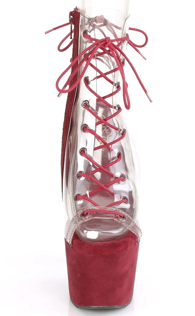 ADORE-700-30FS Burgundy & Clear Faux Suede Platform Heels