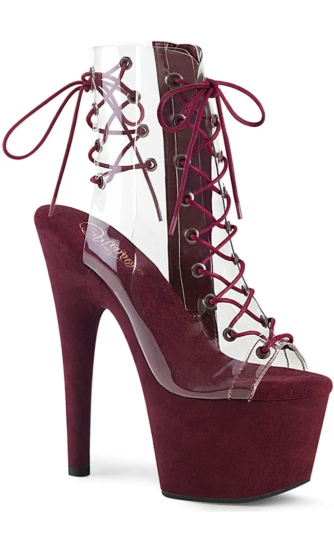 ADORE-700-30FS Burgundy & Clear Faux Suede Platform Heels