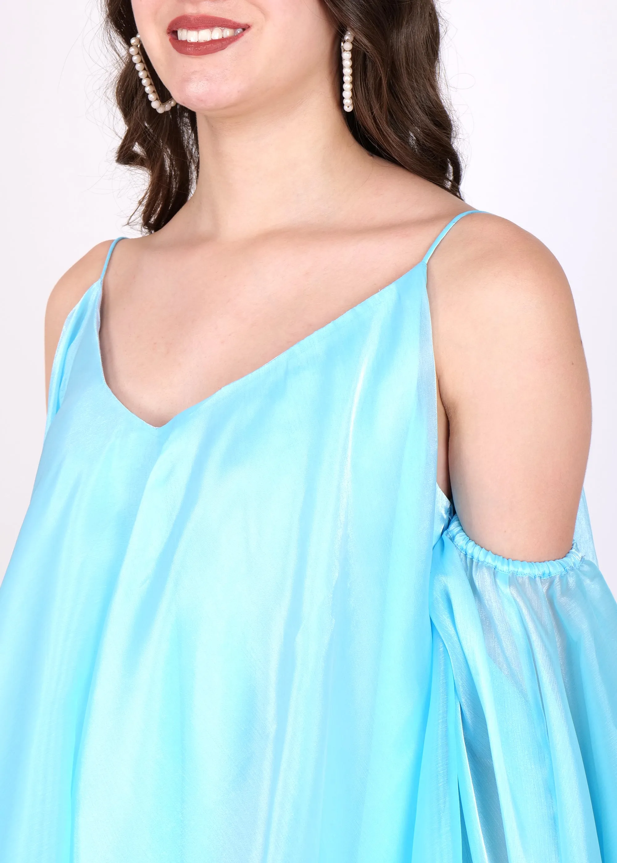 Aqua Breeze Organza Cold-Shoulder Dress