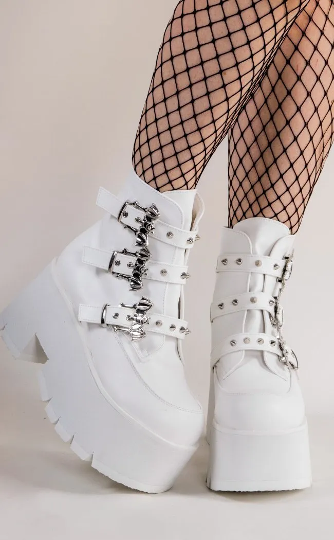 ASHES-55 White Vegan Leather Bat Buckle Platform Ankle Boots (Au Stock)