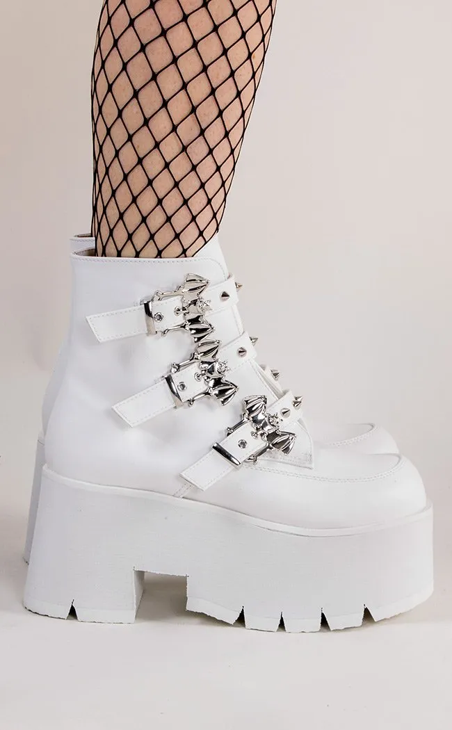 ASHES-55 White Vegan Leather Bat Buckle Platform Ankle Boots (Au Stock)