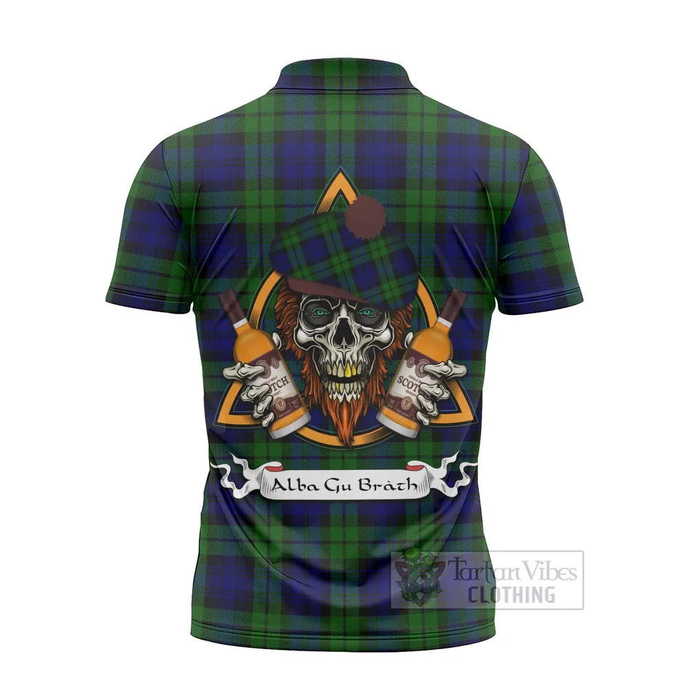 Bannatyne Tartan Zipper Polo Shirt with Family Crest and Bearded Skull Holding Bottles of Whiskey