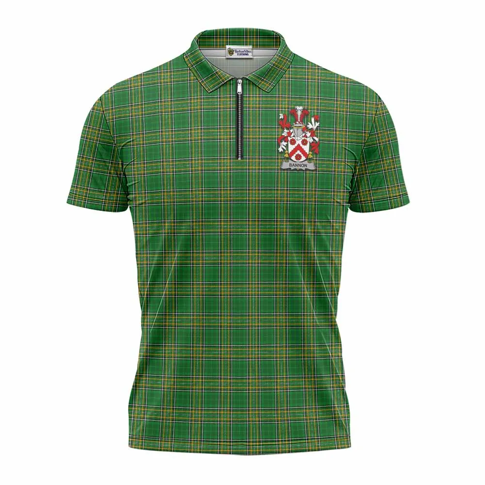 Bannon Irish Clan Tartan Zipper Polo Shirt with Coat of Arms