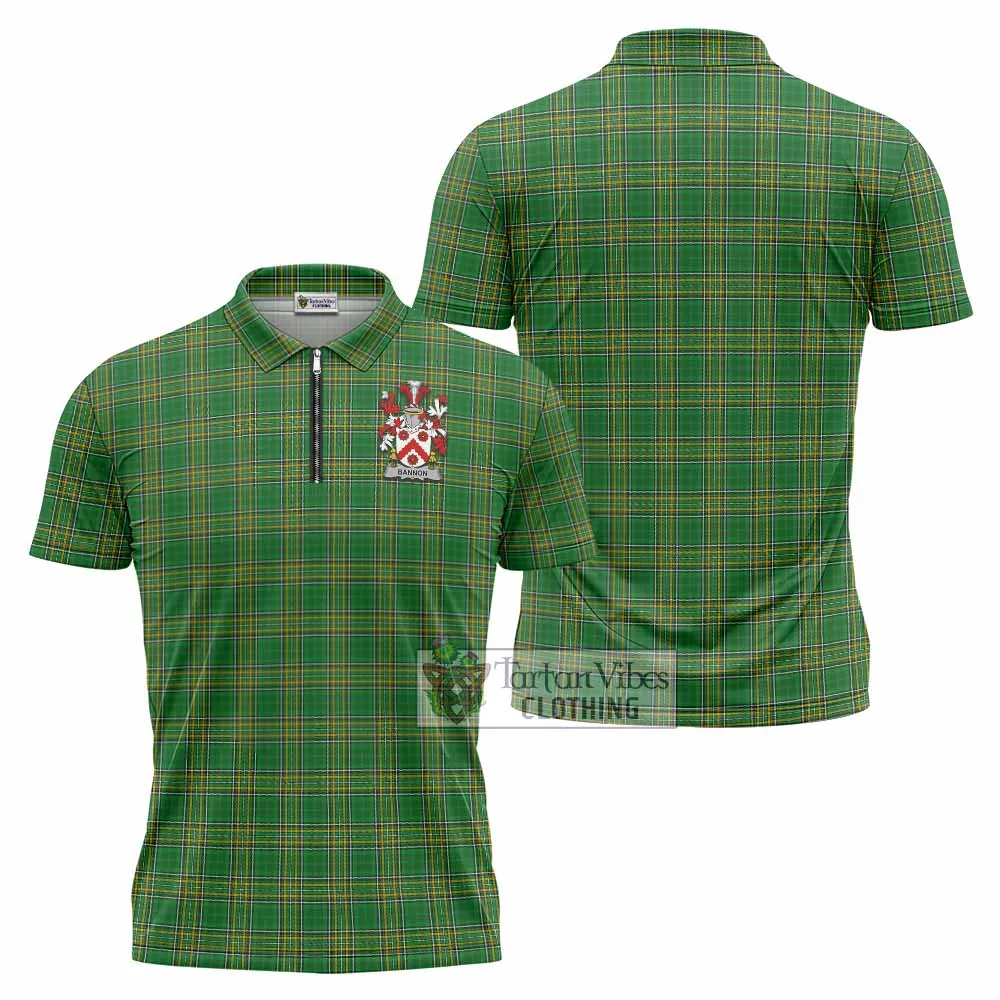 Bannon Irish Clan Tartan Zipper Polo Shirt with Coat of Arms