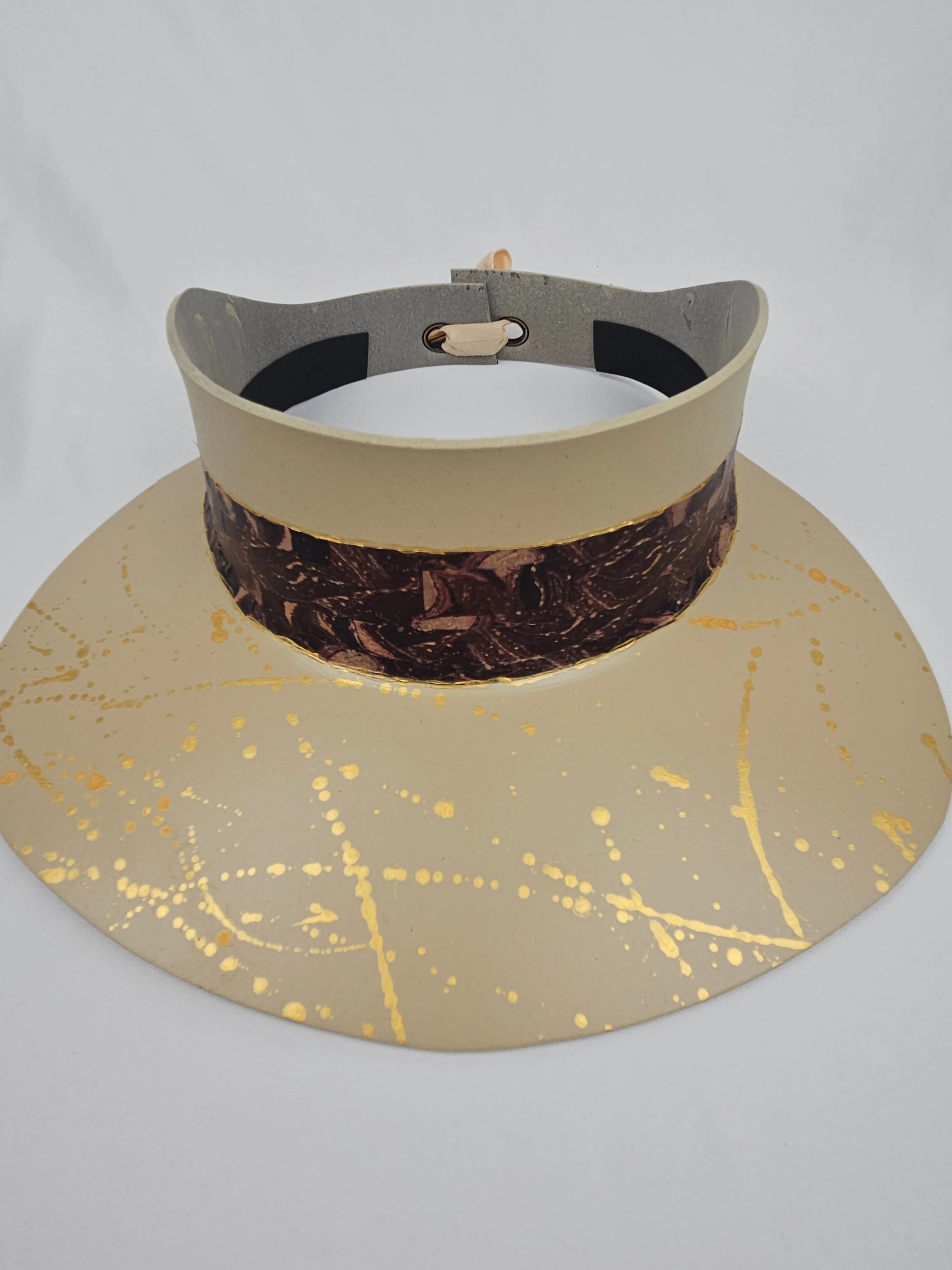 Beige "LadyEVA" Visor Hat with Marbled Dark Purple Band and Gold Paint Splatter Effect