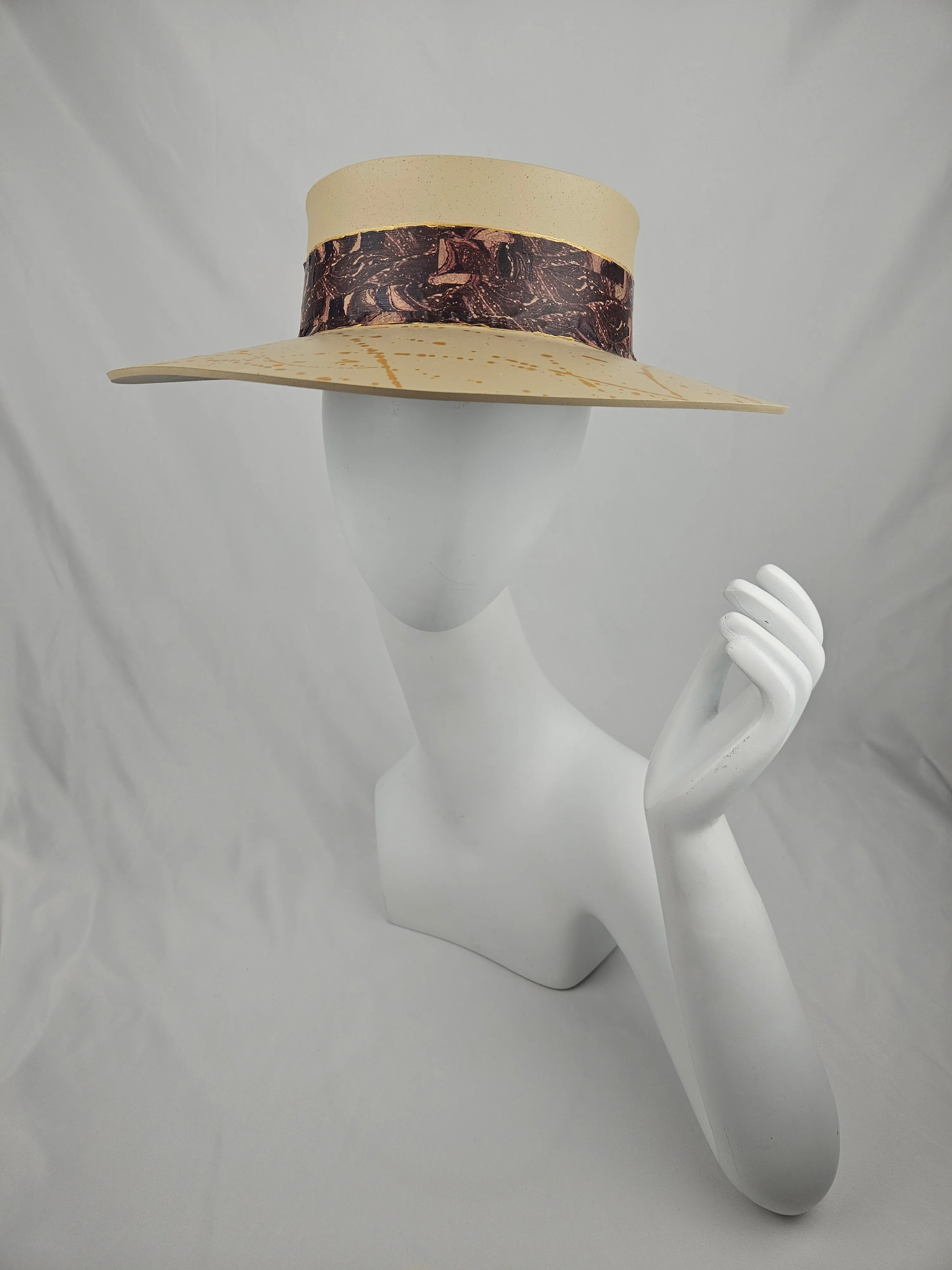 Beige "LadyEVA" Visor Hat with Marbled Dark Purple Band and Gold Paint Splatter Effect