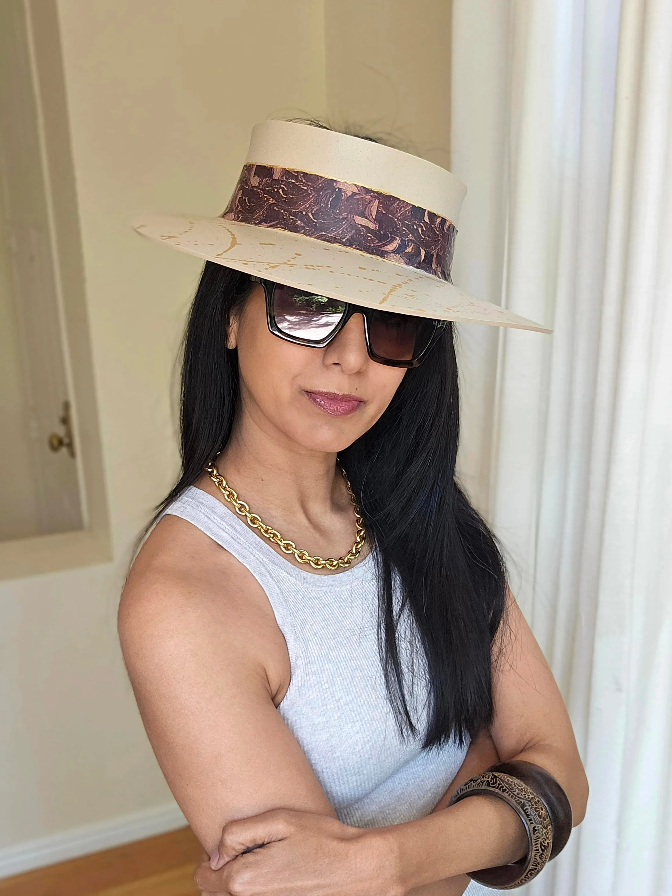 Beige "LadyEVA" Visor Hat with Marbled Dark Purple Band and Gold Paint Splatter Effect