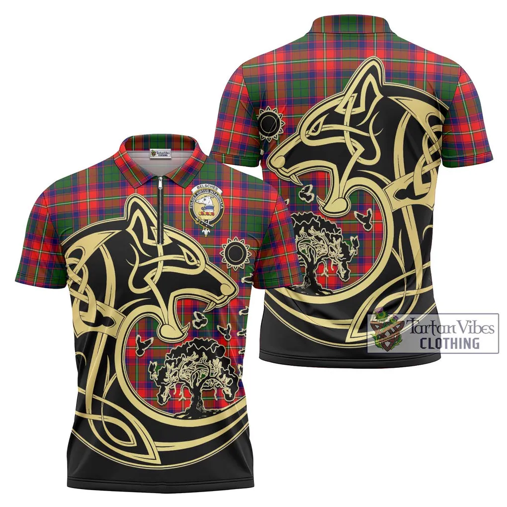 Belsches Tartan Zipper Polo Shirt with Family Crest Celtic Wolf Style