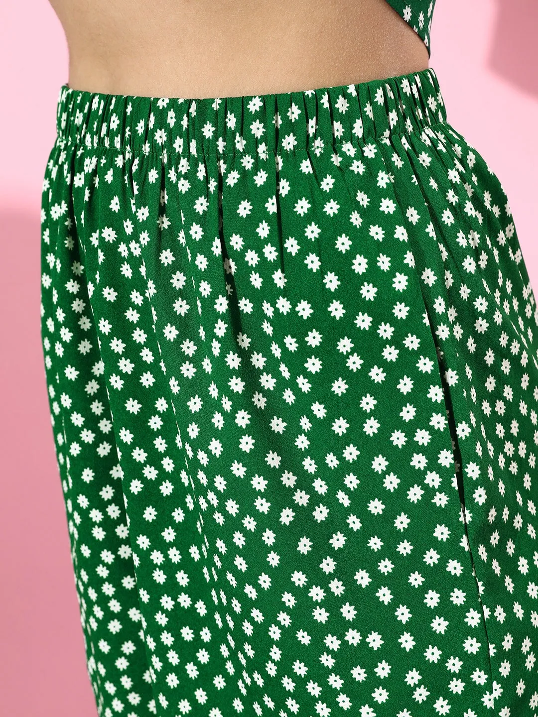 Berrylush Women Green Polka Dot Printed V-Neck Tie-Up Jumpsuit