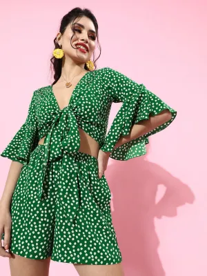 Berrylush Women Green Polka Dot Printed V-Neck Tie-Up Jumpsuit