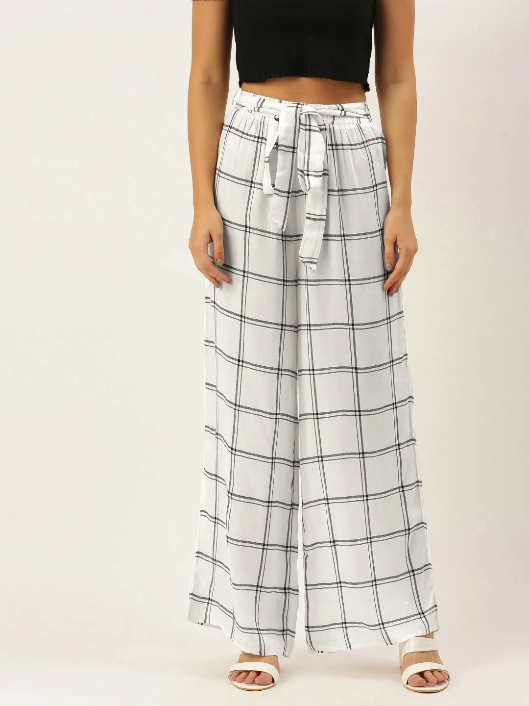 Berrylush Women White & Black Checked Print Drawstring Waist High-Rise Wide Leg Trousers