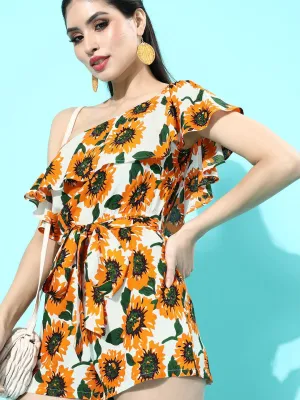 Berrylush Women Yellow & White Sunflower Printed One-Shoulder Waist Tie-Up Playsuit