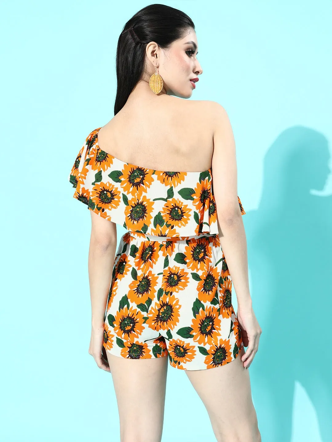 Berrylush Women Yellow & White Sunflower Printed One-Shoulder Waist Tie-Up Playsuit