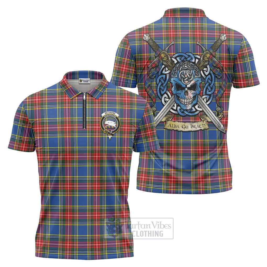 Bethune Tartan Zipper Polo Shirt with Family Crest Celtic Skull Style