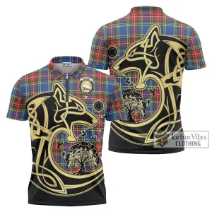 Bethune Tartan Zipper Polo Shirt with Family Crest Celtic Wolf Style