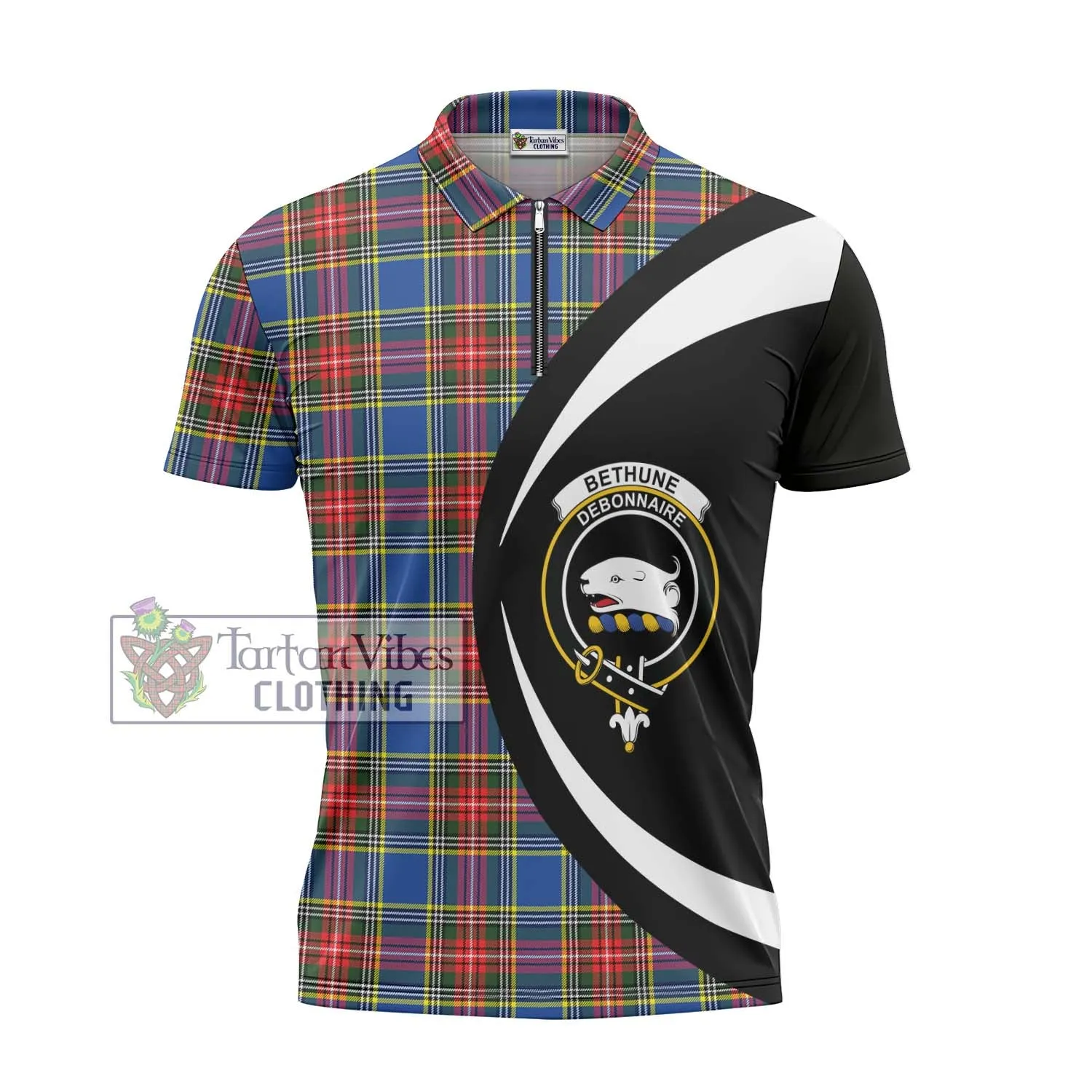 Bethune Tartan Zipper Polo Shirt with Family Crest Circle Style