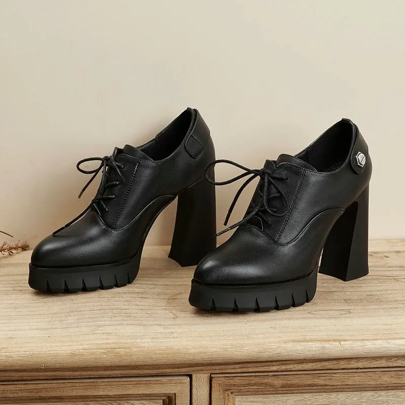 Black Chunky Lace-up Front High Heel Shoes