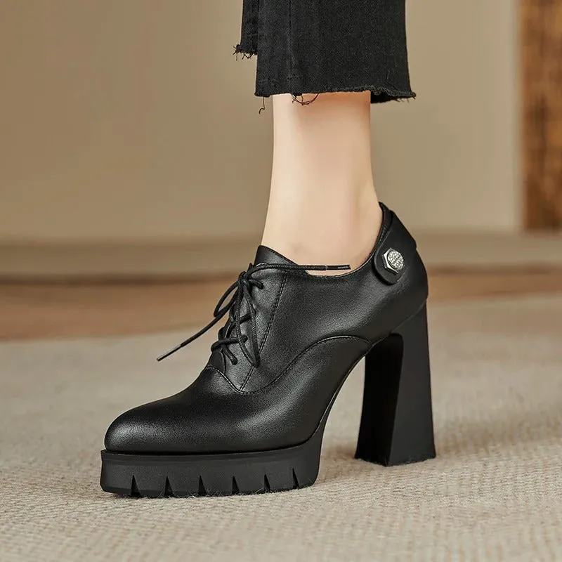 Black Chunky Lace-up Front High Heel Shoes