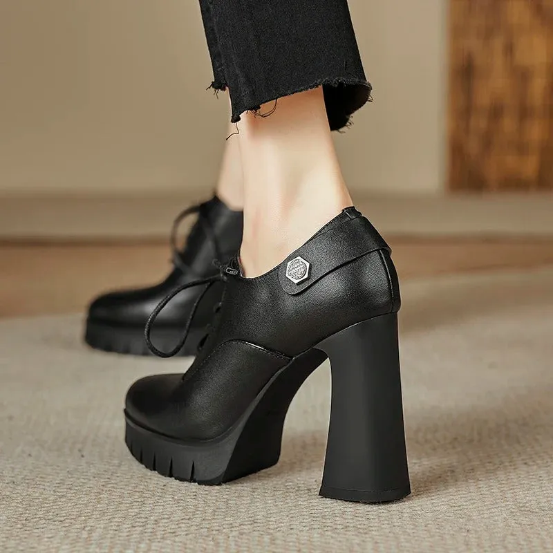 Black Chunky Lace-up Front High Heel Shoes