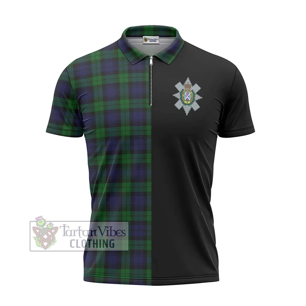 Black Watch Tartan Zipper Polo Shirt with Family Crest and Half Of Me Style