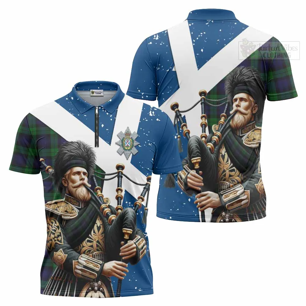 Black Watch Tartan Zipper Polo Shirt with Family Crest Scottish Bagpiper Vibes