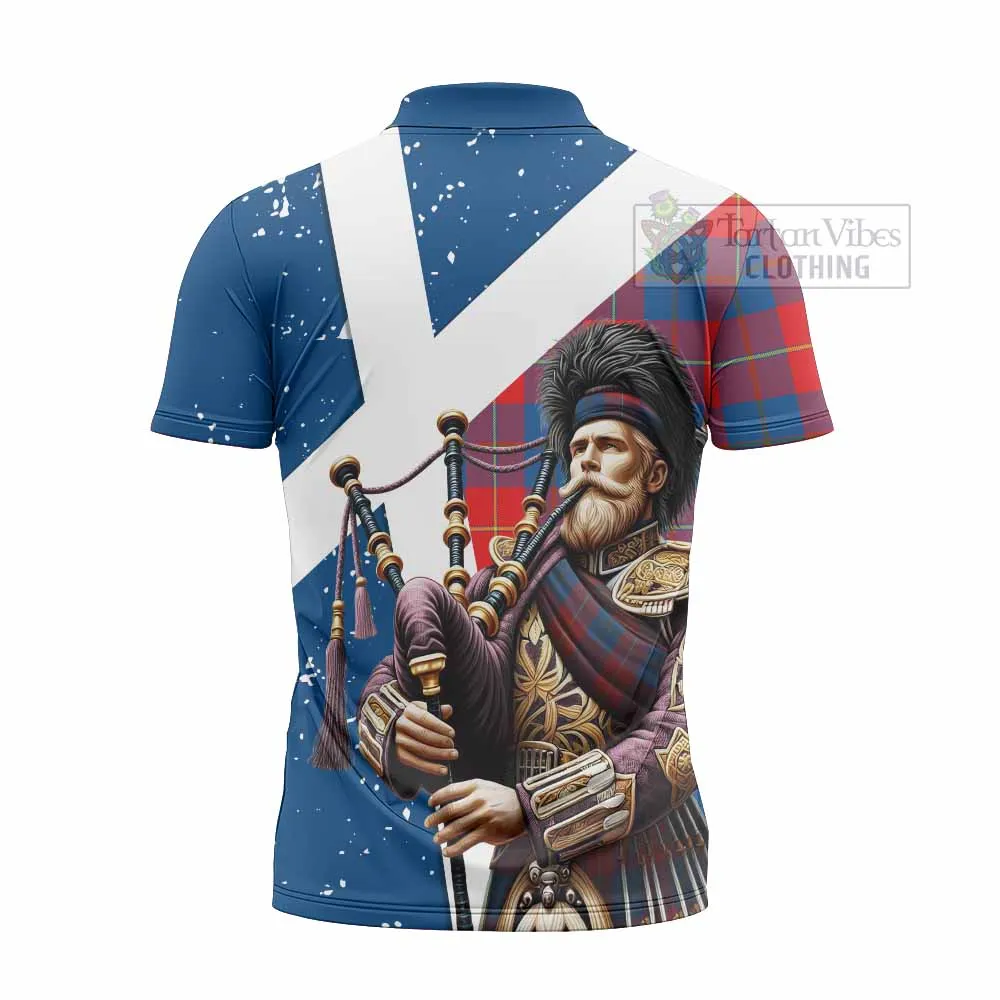 Blane Tartan Zipper Polo Shirt with Family Crest Scottish Bagpiper Vibes