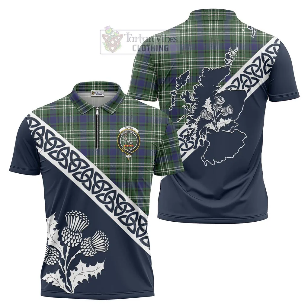 Blyth Tartan Zipper Polo Shirt Featuring Thistle and Scotland Map