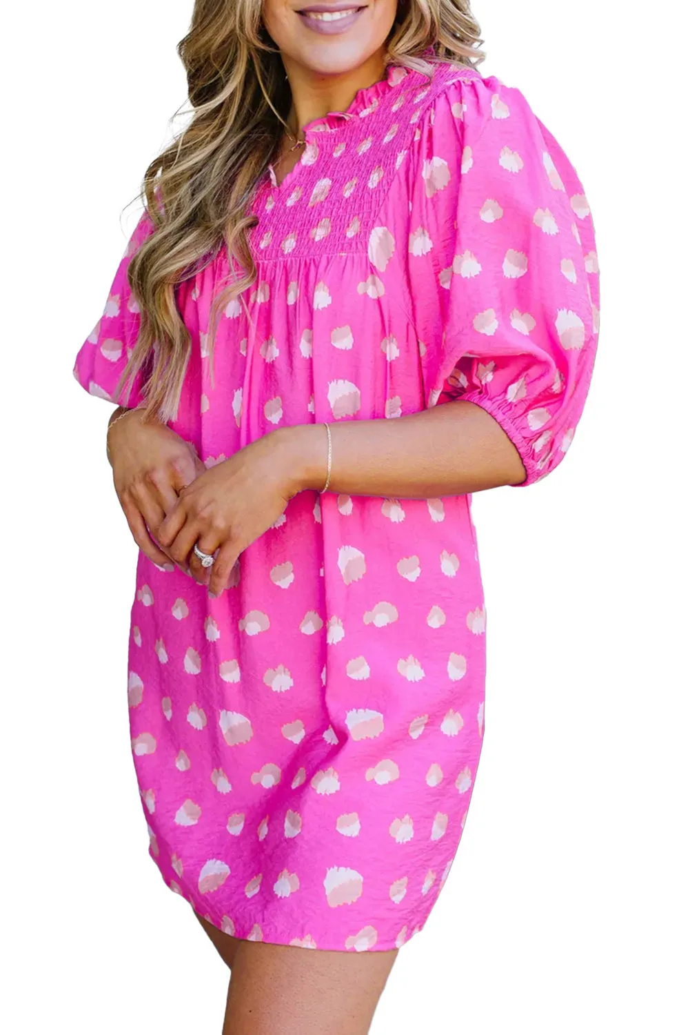 Bright Pink Spotted Print Puff Sleeve Smocked Mini Dress