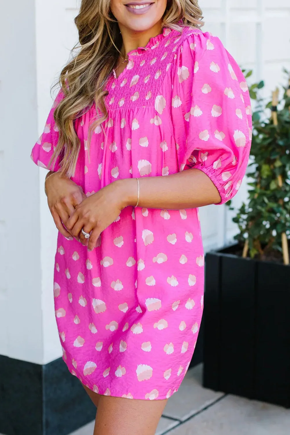 Bright Pink Spotted Print Puff Sleeve Smocked Mini Dress