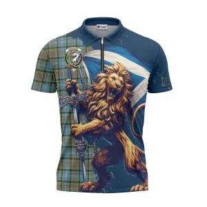 Brisbane Tartan Family Crest Zipper Polo Shirt with Scottish Majestic Lion