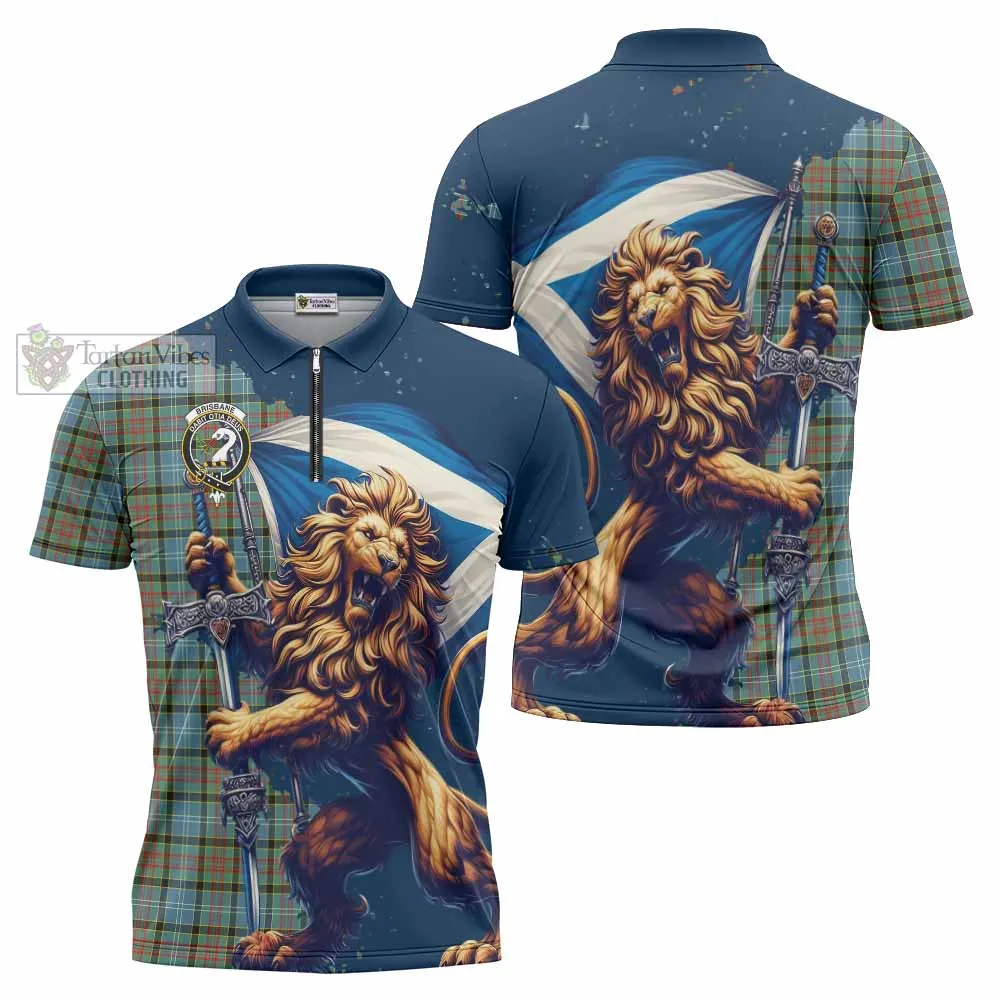 Brisbane Tartan Family Crest Zipper Polo Shirt with Scottish Majestic Lion