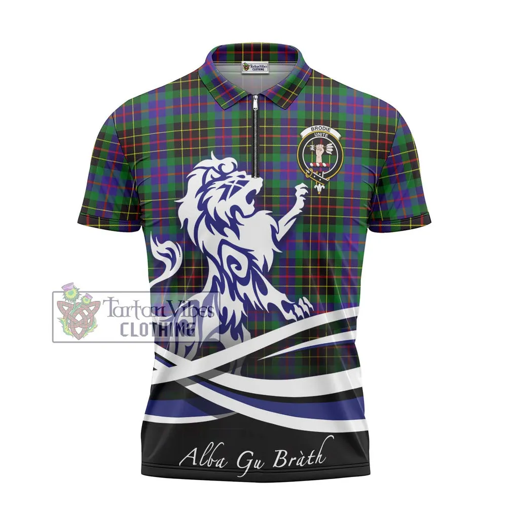 Brodie Hunting Modern Tartan Zipper Polo Shirt with Alba Gu Brath Regal Lion Emblem