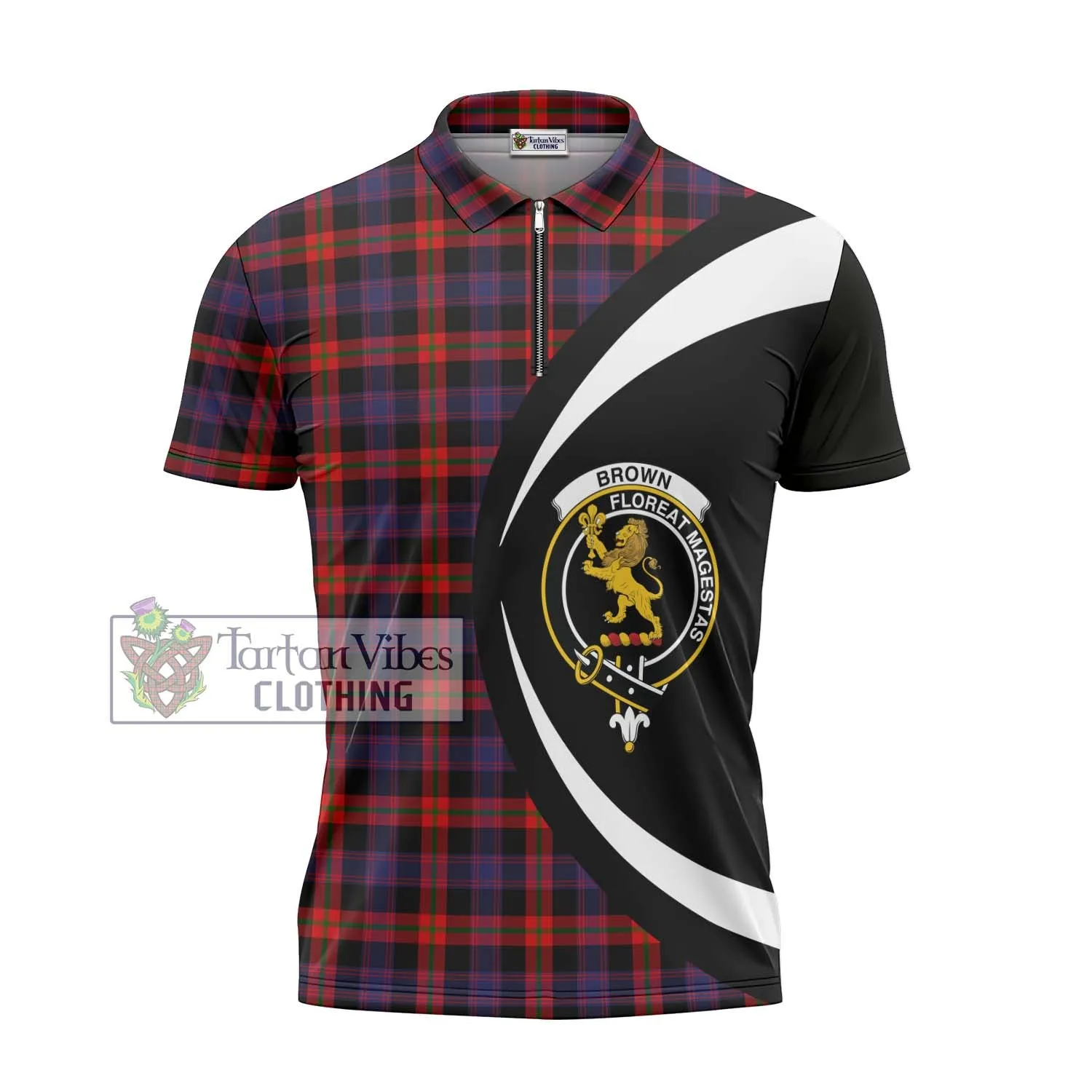 Brown (Broun) Tartan Zipper Polo Shirt with Family Crest Circle Style