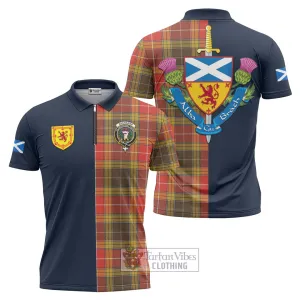 Buchanan Old Set Weathered Tartan Zipper Polo Shirt Alba with Scottish Lion Royal Arm Half Style