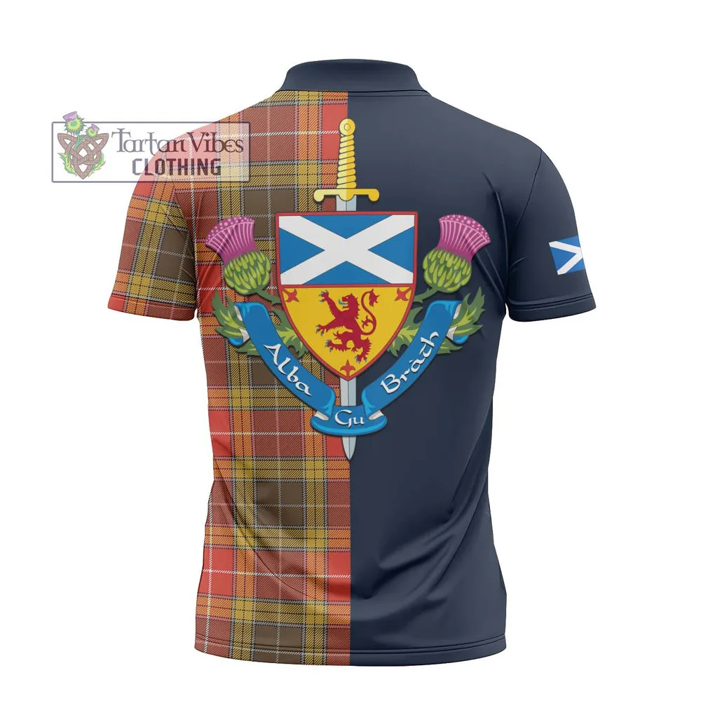 Buchanan Old Set Weathered Tartan Zipper Polo Shirt Alba with Scottish Lion Royal Arm Half Style