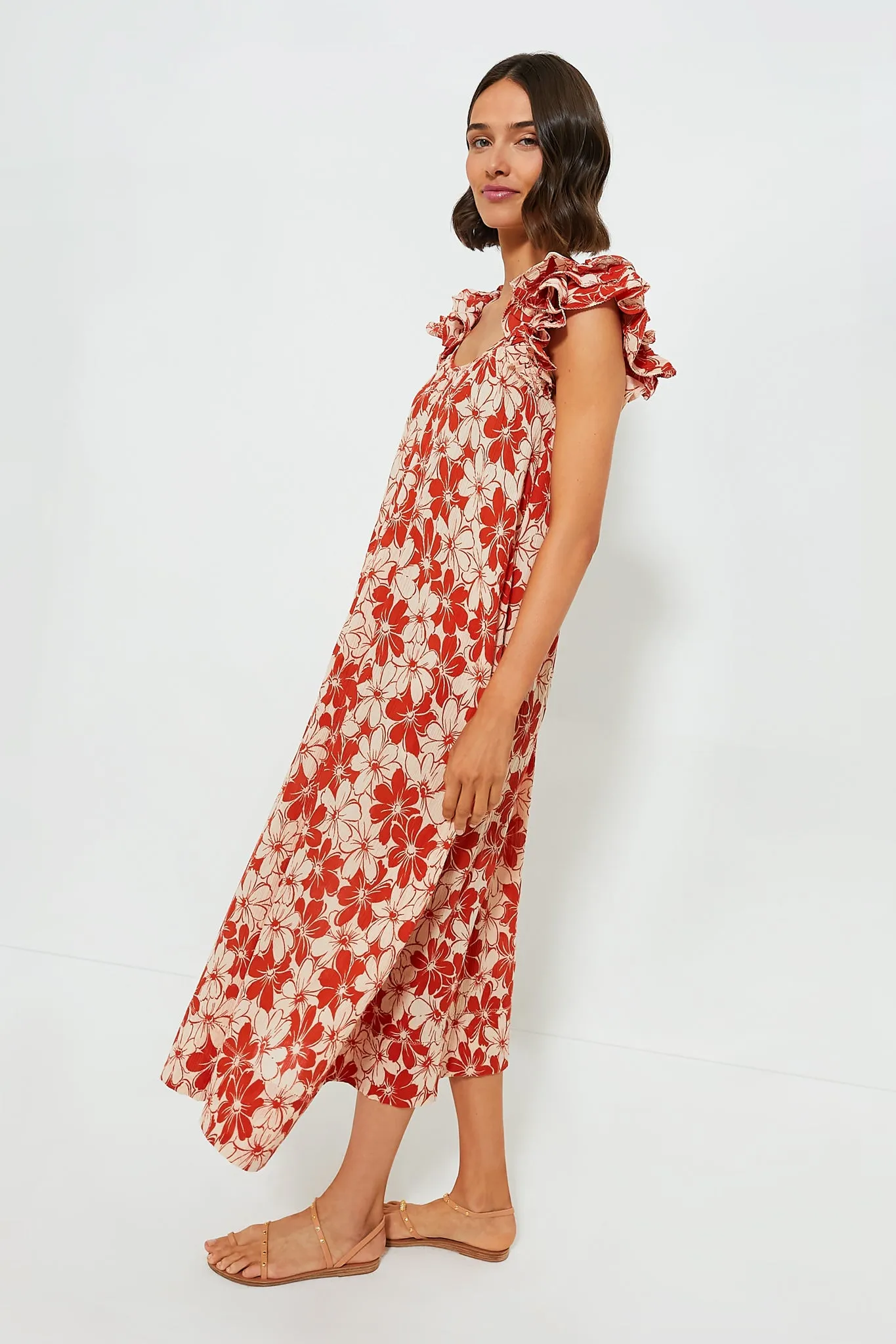 Burnt Red Hibiscus Floral The Cascade Dress