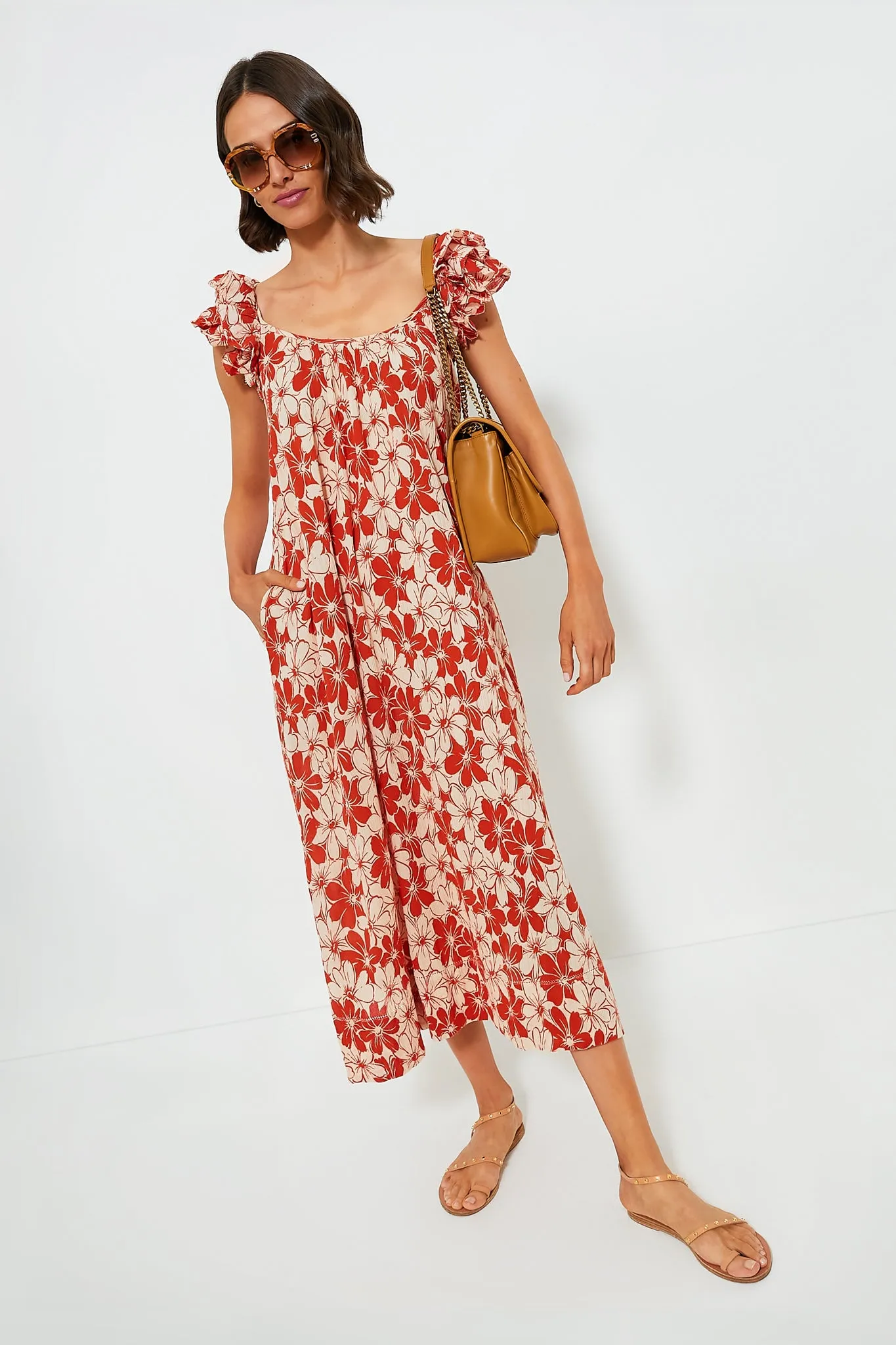 Burnt Red Hibiscus Floral The Cascade Dress