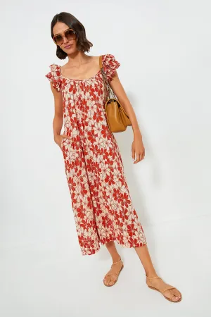 Burnt Red Hibiscus Floral The Cascade Dress