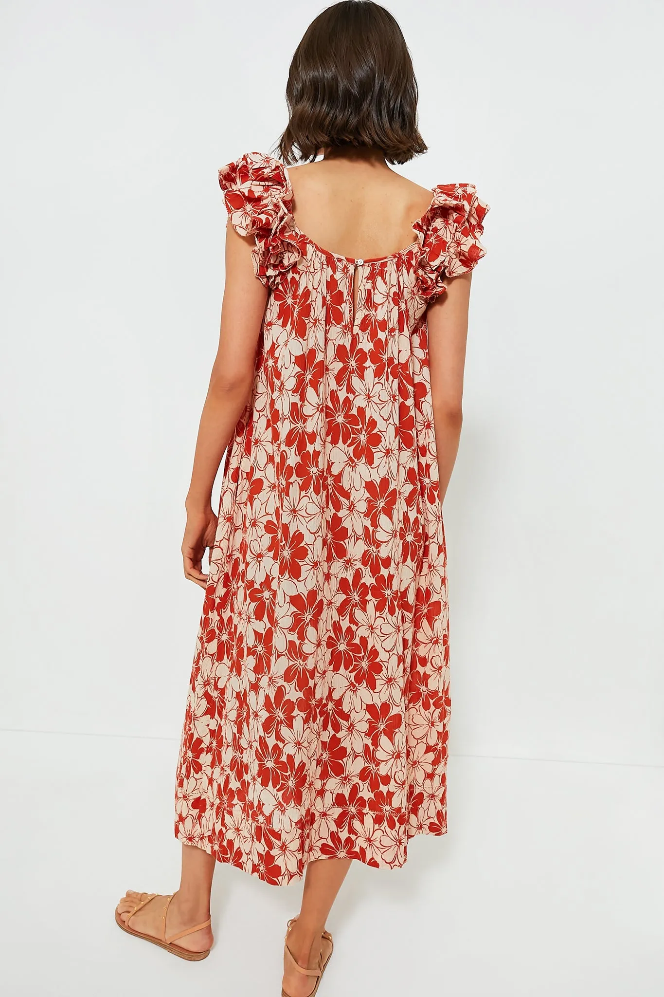 Burnt Red Hibiscus Floral The Cascade Dress