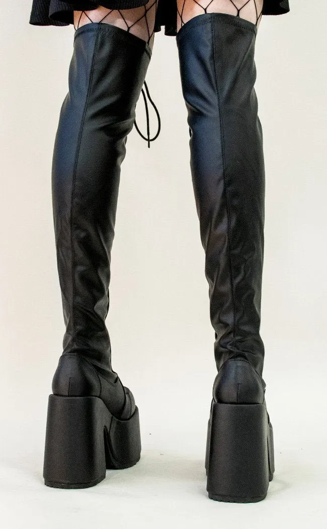 Camel-300 Black Matte Vegan Thigh High Boots