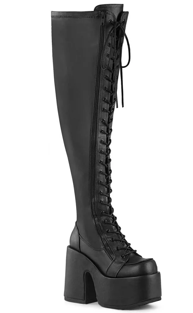 CAMEL-300WC Black Matte Vegan Thigh High Boots | Wide Calf