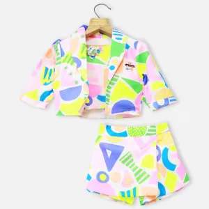 Colorful Printed Blazer With Crop Top & Skort Co-Ord Set