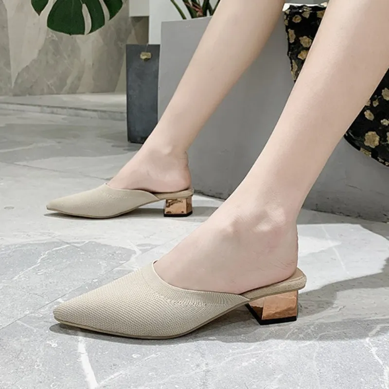 Comfortable Women's Knitted Square Heel Mule Summer Slides