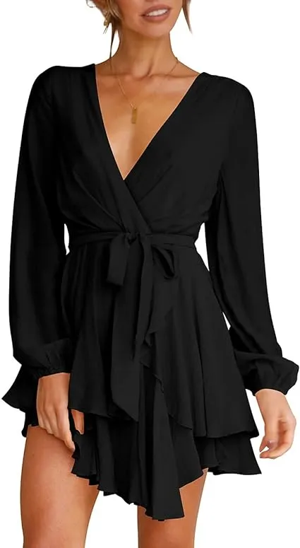 Cosonsen Women's Dress Deep V-Neck Long Sleeve