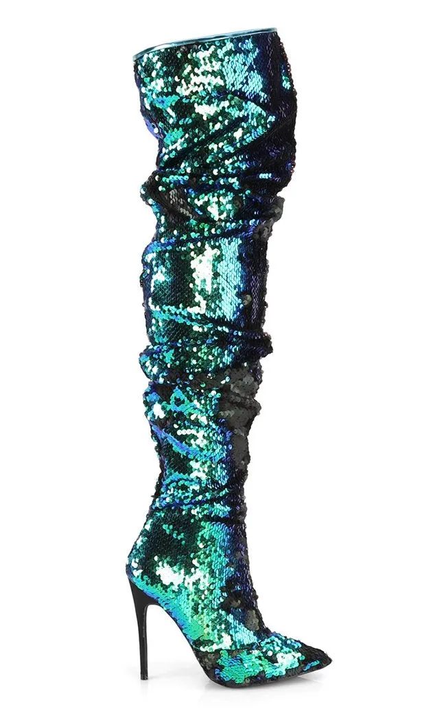 COURTLY-3011 Green Iridescent Sequin Thigh High Boots