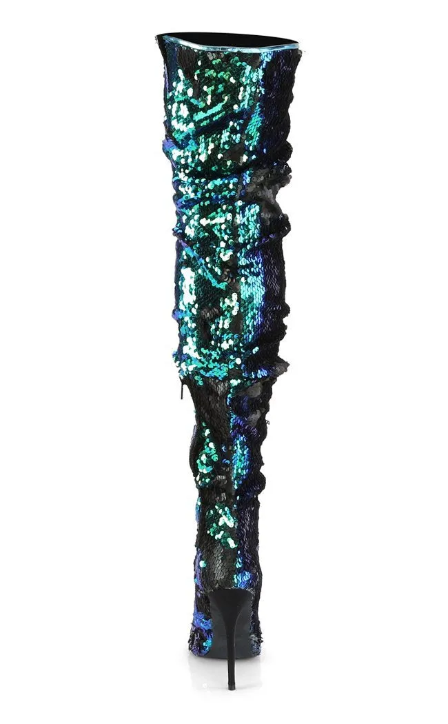 COURTLY-3011 Green Iridescent Sequin Thigh High Boots