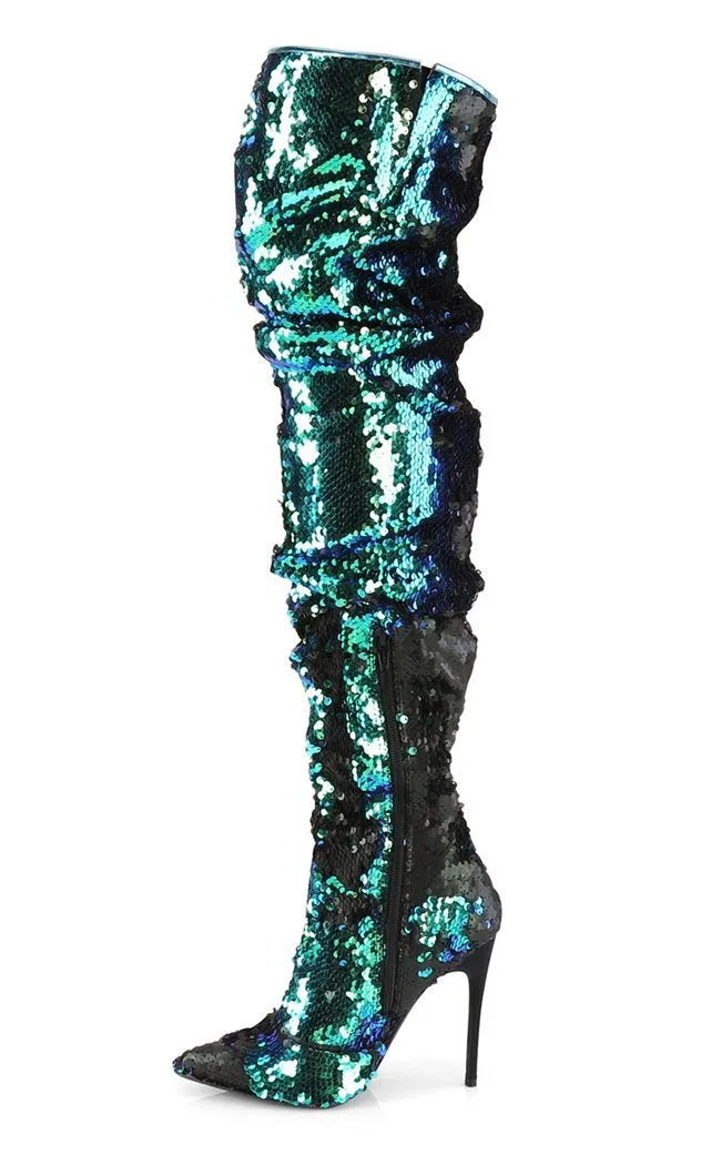 COURTLY-3011 Green Iridescent Sequin Thigh High Boots