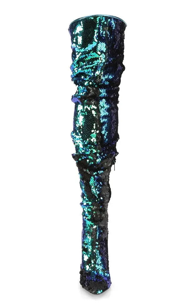 COURTLY-3011 Green Iridescent Sequin Thigh High Boots