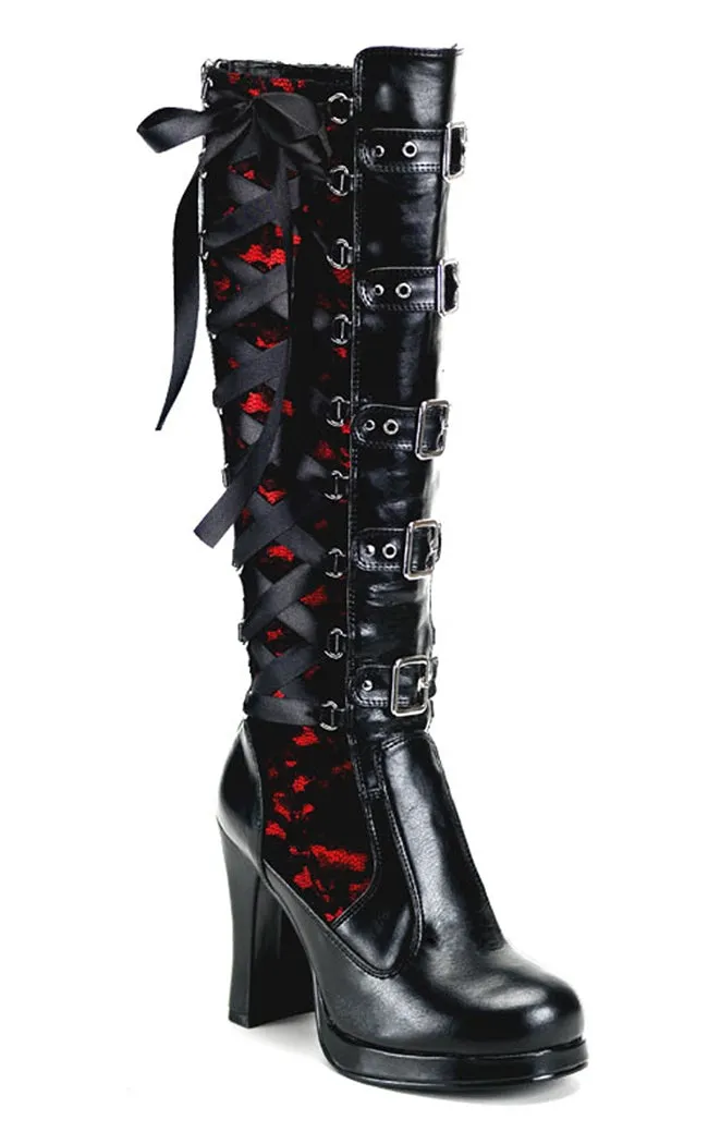 CRYPTO-106 Black & Red Lace Knee High Boots (LAST PAIR: SIZE 11)