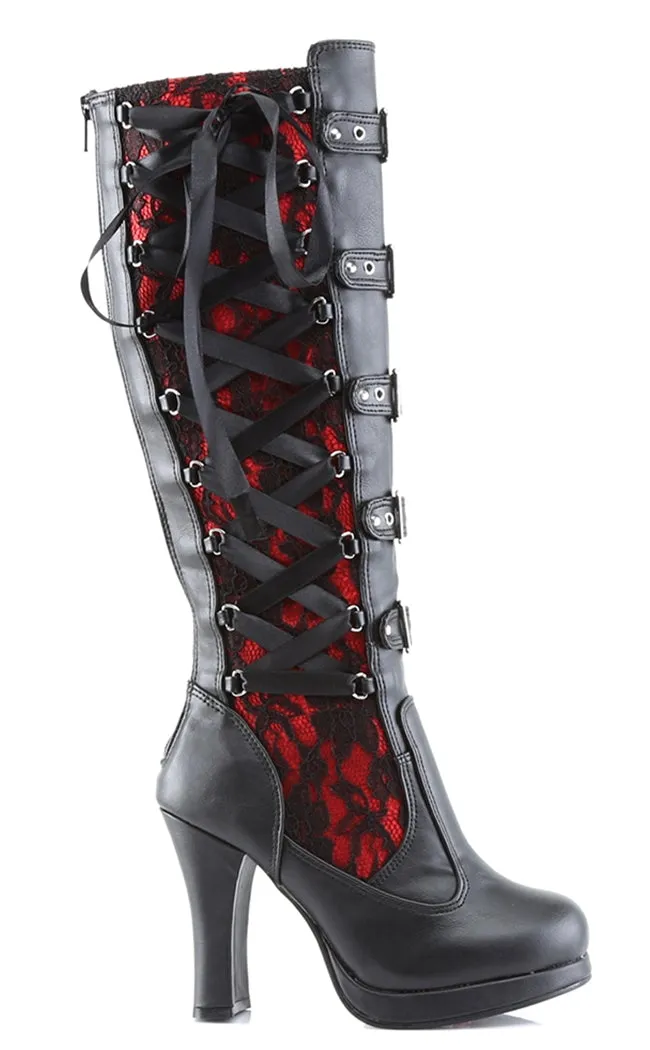 CRYPTO-106 Black & Red Lace Knee High Boots (LAST PAIR: SIZE 11)